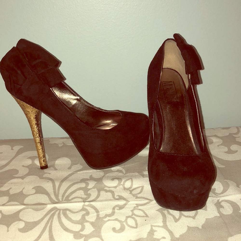 Fun black suede pumps with gold glitter heel